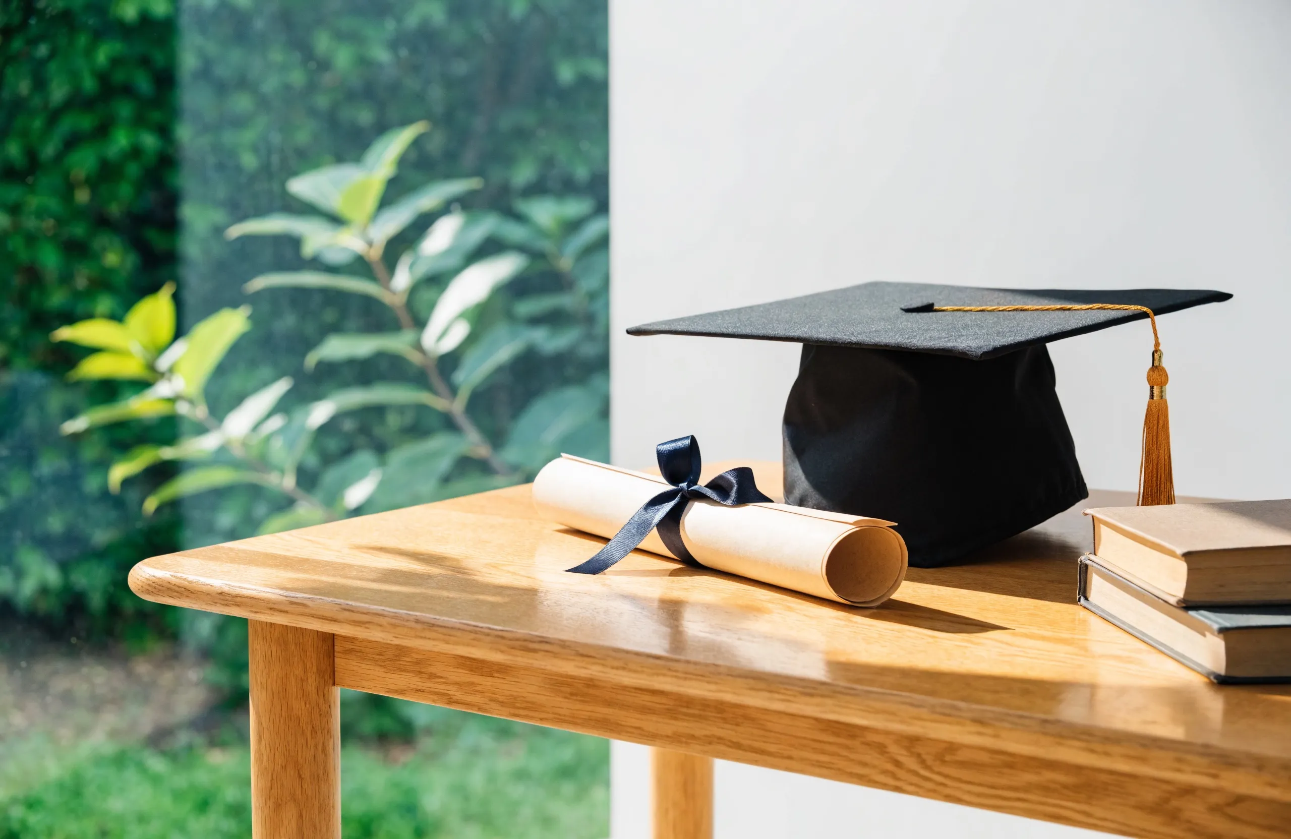 A graduation cap with a gold tassel and a rolled diploma resting beside a stack of books on a sunlit oak table